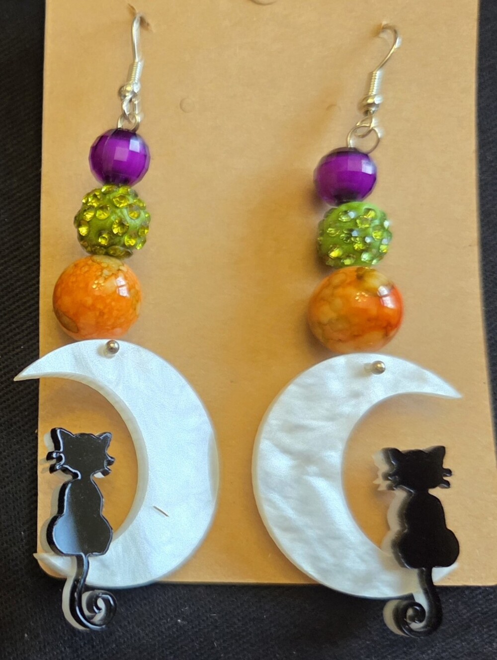Handmade Cat on Crescent Moon Dangle Earrings